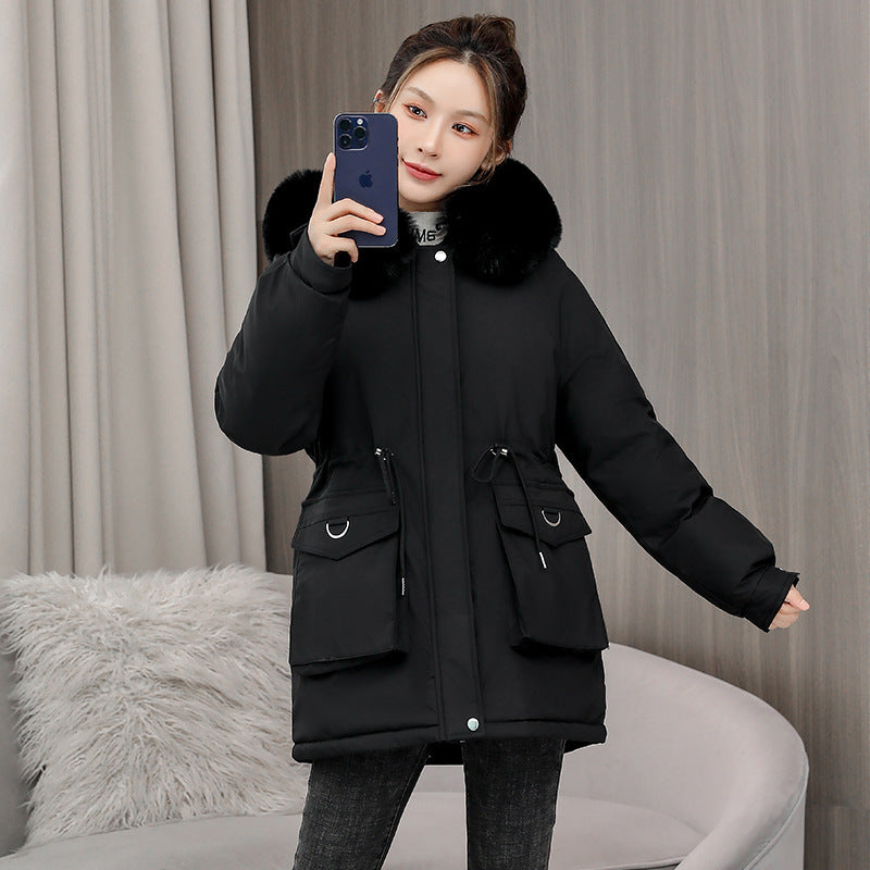 Waist Slimming Elegant Parka Cotton-padded Coat Fur Collar Western Style Velvet Lining Warm Coat