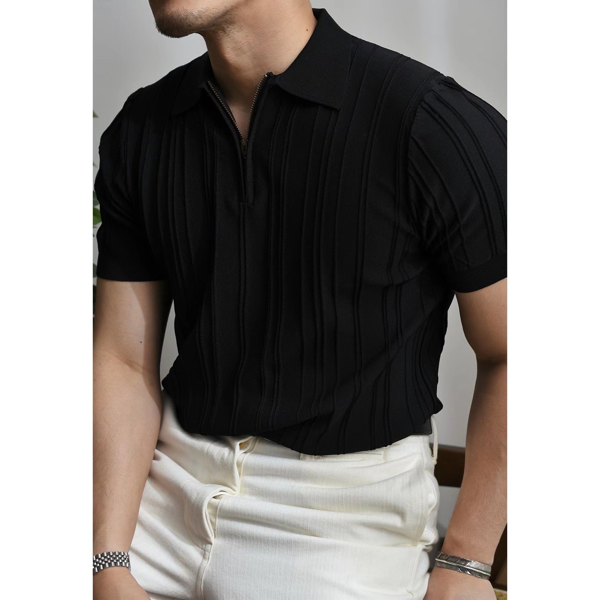 Zipper Knitted Short-sleeved Polo Shirt Men's Loose Lapels T-shirt