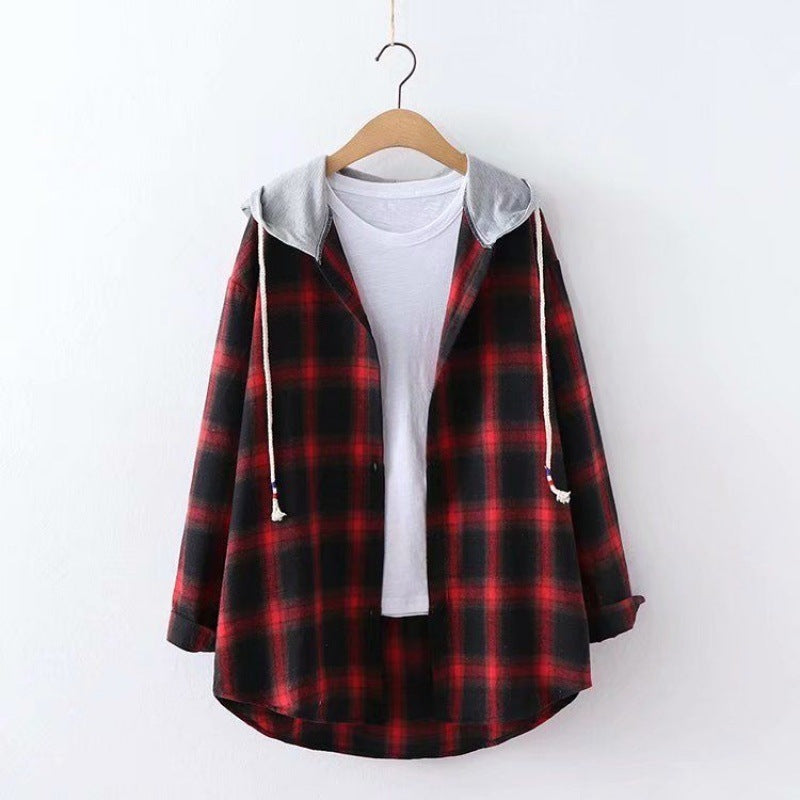 Hooded BF loose Plaid Long Sleeve Shirt