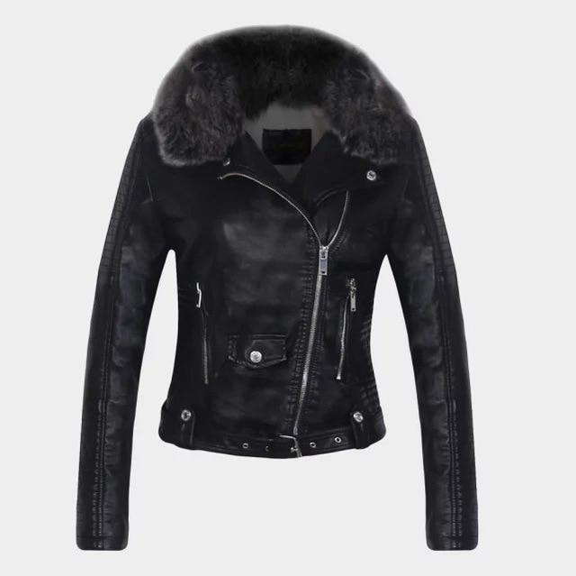 DETACHABLE FUR COLLAR WARM FAUX LEATHER JACKET