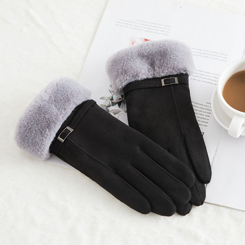 Women's suede winter wool warm gloves