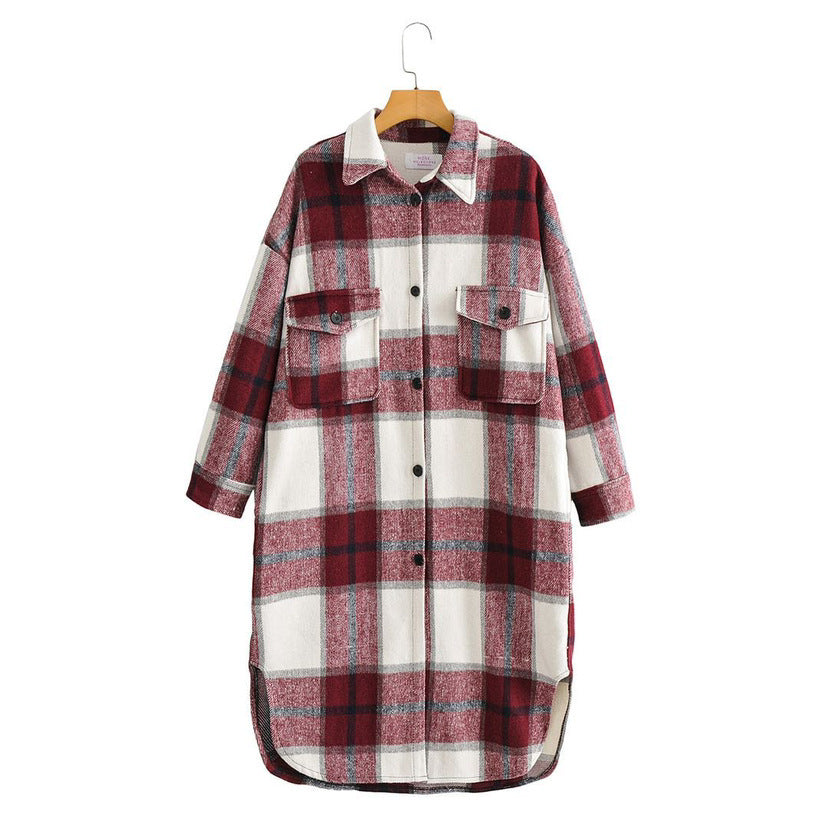 Lapel Button-Breasted Plaid Trench Coat