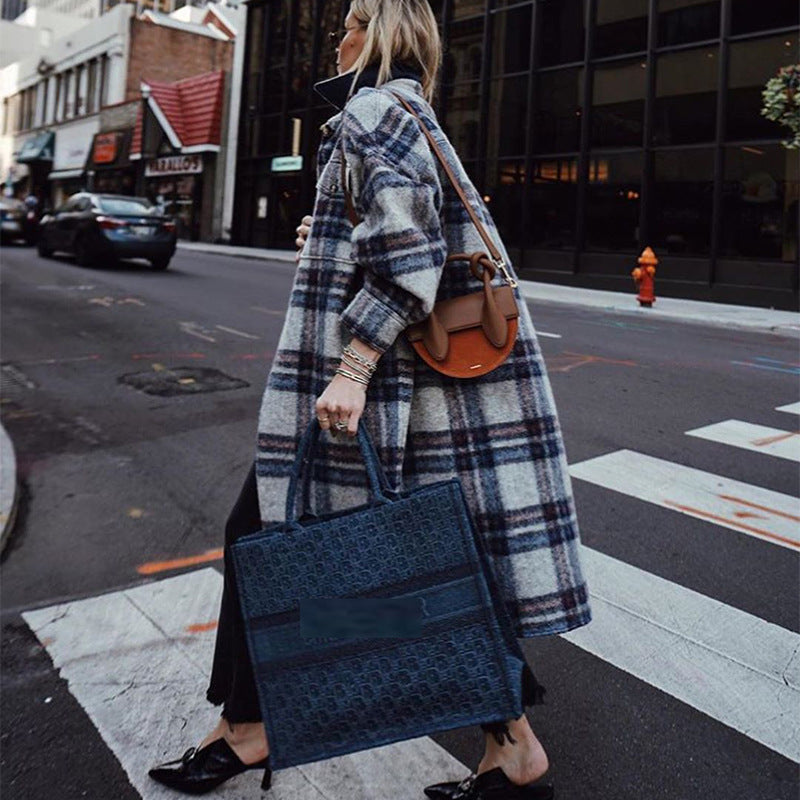 Brushed plaid long coat