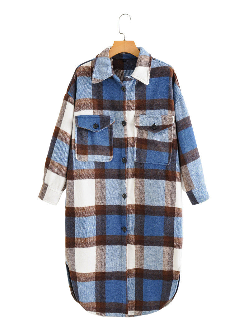 Lapel Button-Breasted Plaid Trench Coat