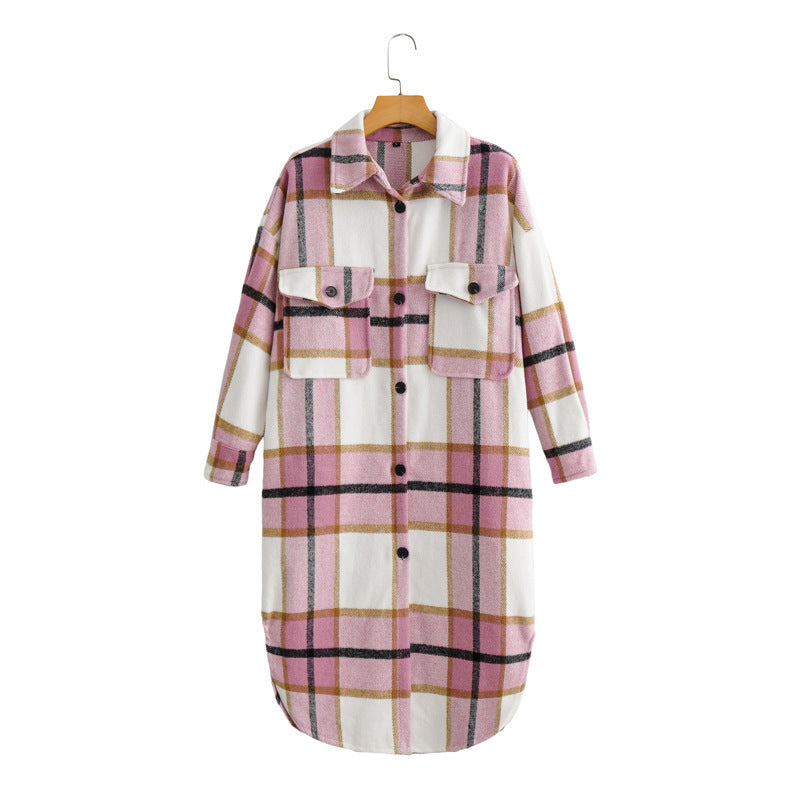 Lapel Button-Breasted Plaid Trench Coat