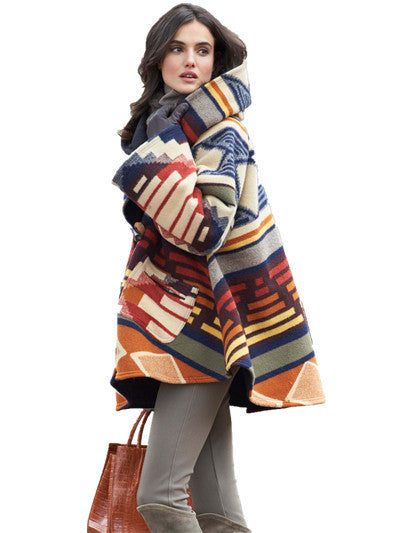 Long-sleeved hooded coat printed woolen