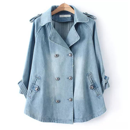 Spring and Autumn New Korean Double-breasted Loose Denim Cape Jacket Large Size Suit Collar Women's Windbreaker A-line Top