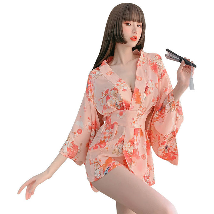 Sexy Lingerie Japanese Printed Bandage Sexy Kimono Nightdress Set