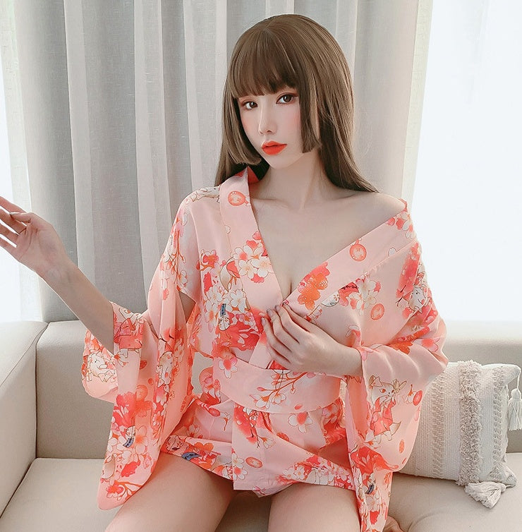 Sexy Lingerie Japanese Printed Bandage Sexy Kimono Nightdress Set