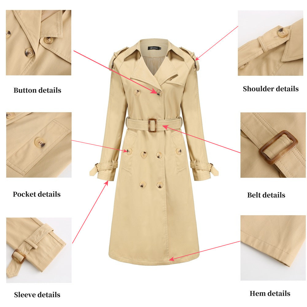 Women's Windbreaker Long Waist Cotton Jacket Long Sleeve Lapel