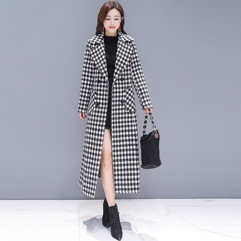 Women retro plaid woolen coat