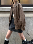 Retro Brushed Vintage Brown Leather Coat For Women Spring And Autumn