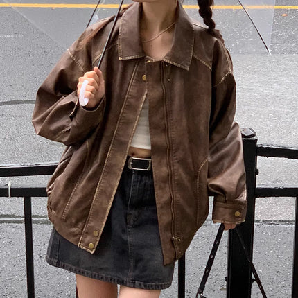 Retro Brushed Vintage Brown Leather Coat For Women Spring And Autumn