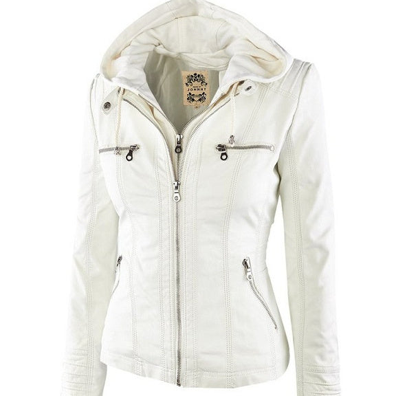 Women's Detachable Lapel Long Sleeve Solid Color Zipper Leather Jacket Coat