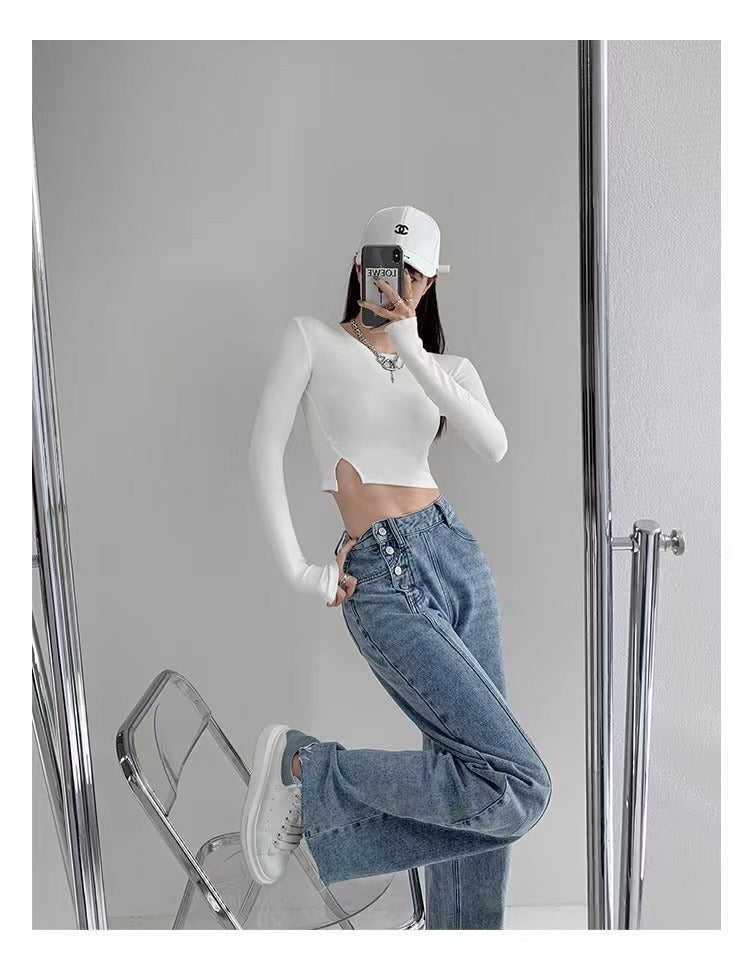 Irregular Breasted High Waist Jeans For Women Straight-leg Trousers