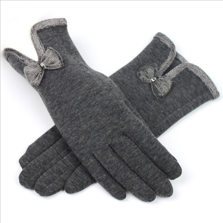 Female Autumn Winter Non-Inverted Velvet Cashmere Full Finger Warm Lace Gloves Women Cotton Touch Screen Bow Tie Gloves