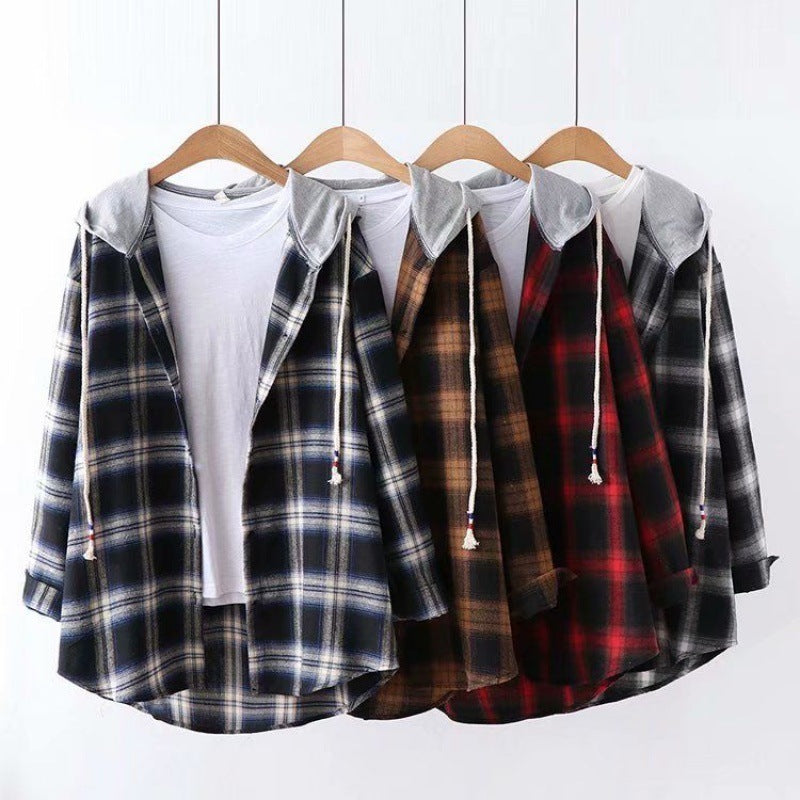 Hooded BF loose Plaid Long Sleeve Shirt