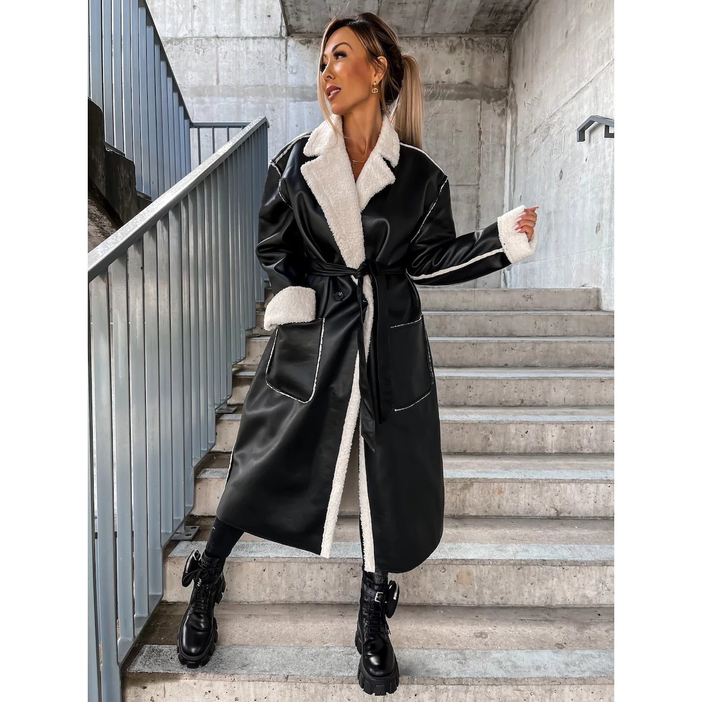 Autumn And Winter New Leisure Leather Thickened Trench Coat