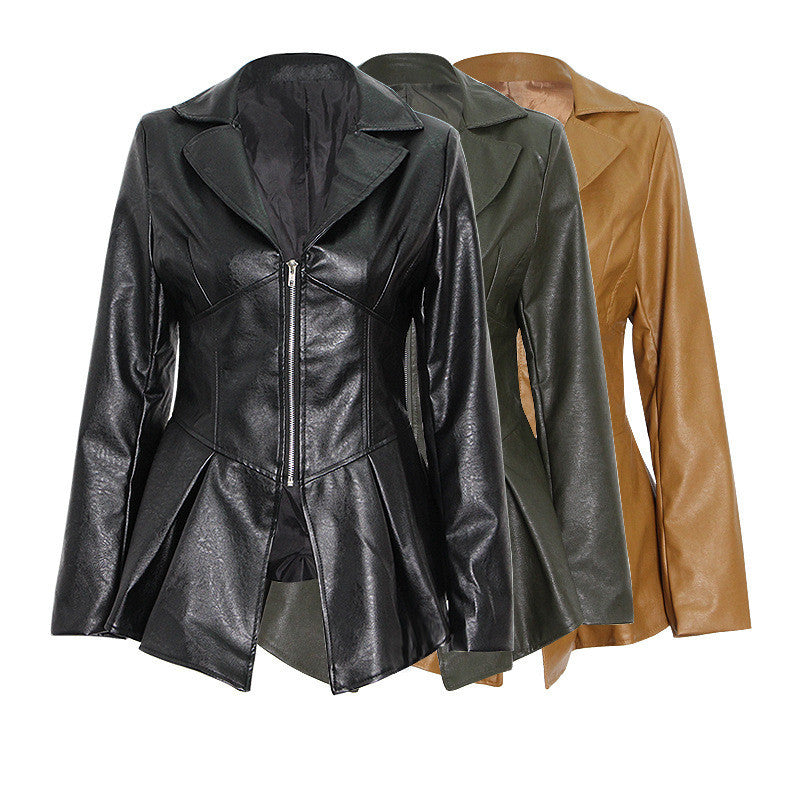 Suit Collar Hem Ruffled Slim-Fit Motorcycle PU Leather Jacket