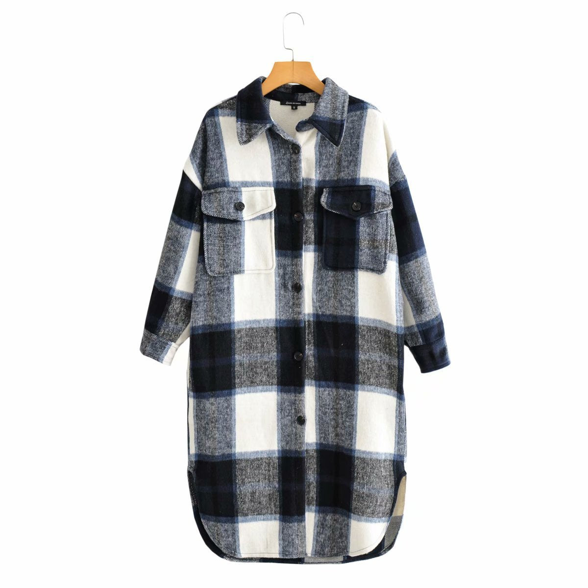 New Wool Plaid Coat Lapel Single Breasted Long Coat