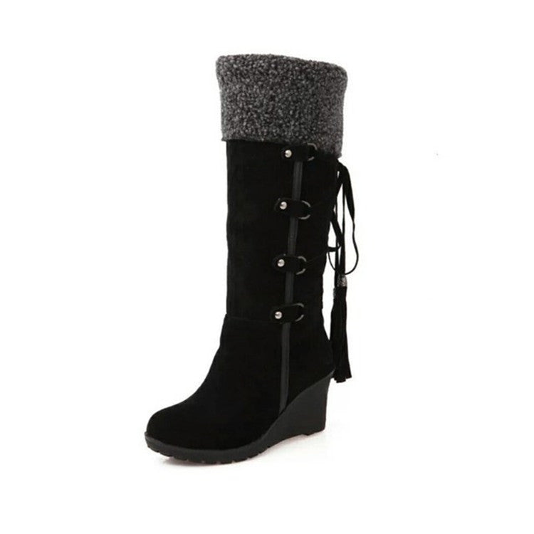 Frosted lace-up fringed snow boots