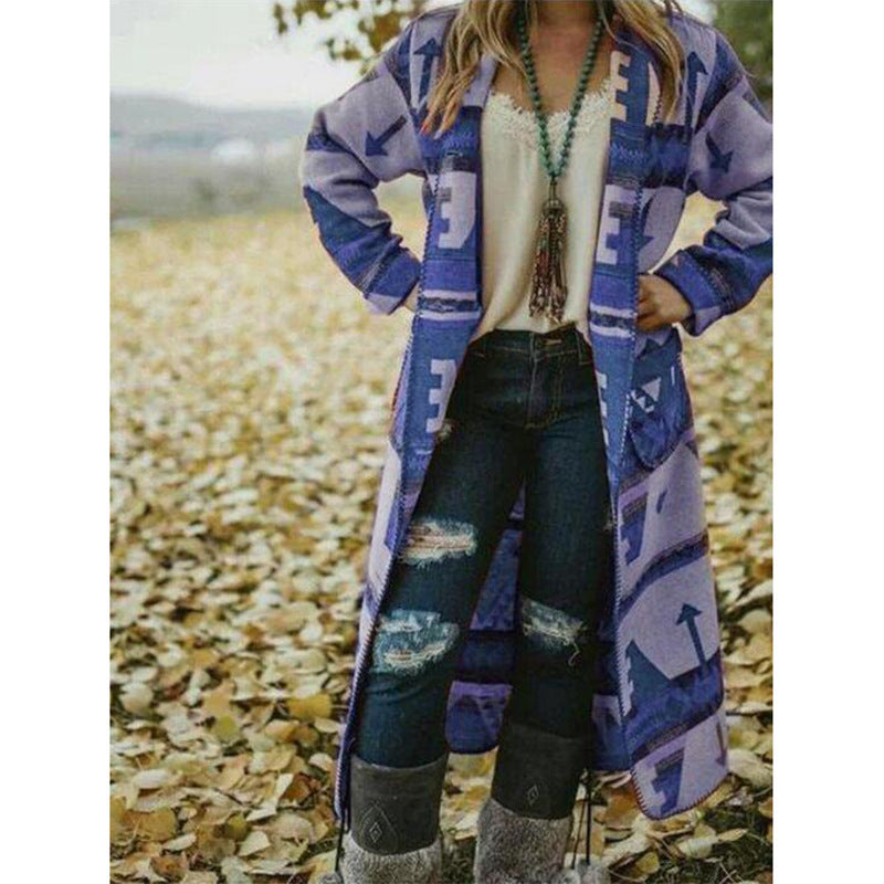 Printed top long sleeve woolen coat