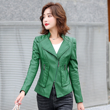 Suit collar fashion biker leather jacket leather woman