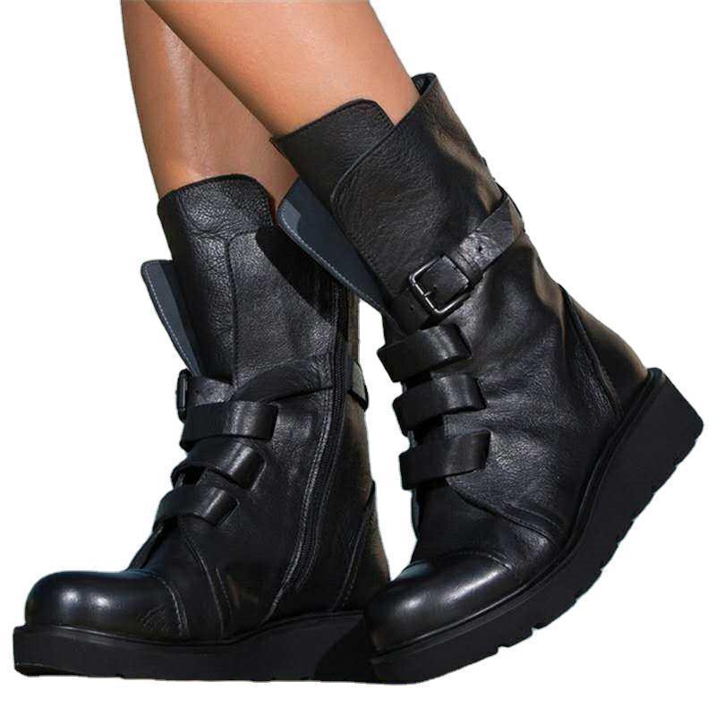 Round toe black mid-tube boots