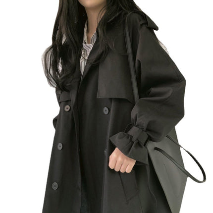 Women Black Trench Coat Mid Length Double Breasted Waist