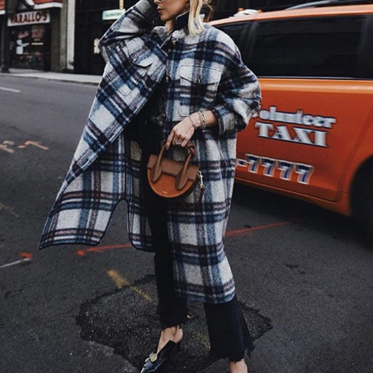 Brushed plaid long coat