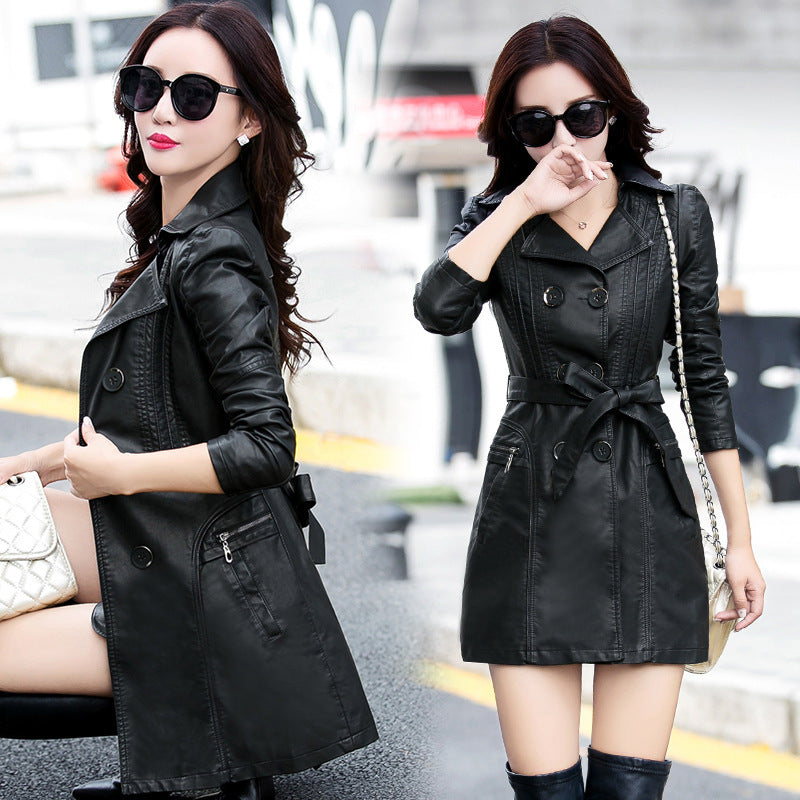 Autumn and winter new ladies leather trench coat