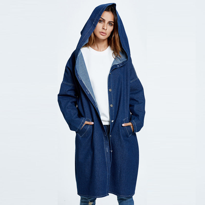 European And American Hooded Long Cardigan Denim Jacket Coat