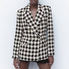 Lapel Long Sleeve Double Breasted Houndstooth Coat Top For Women