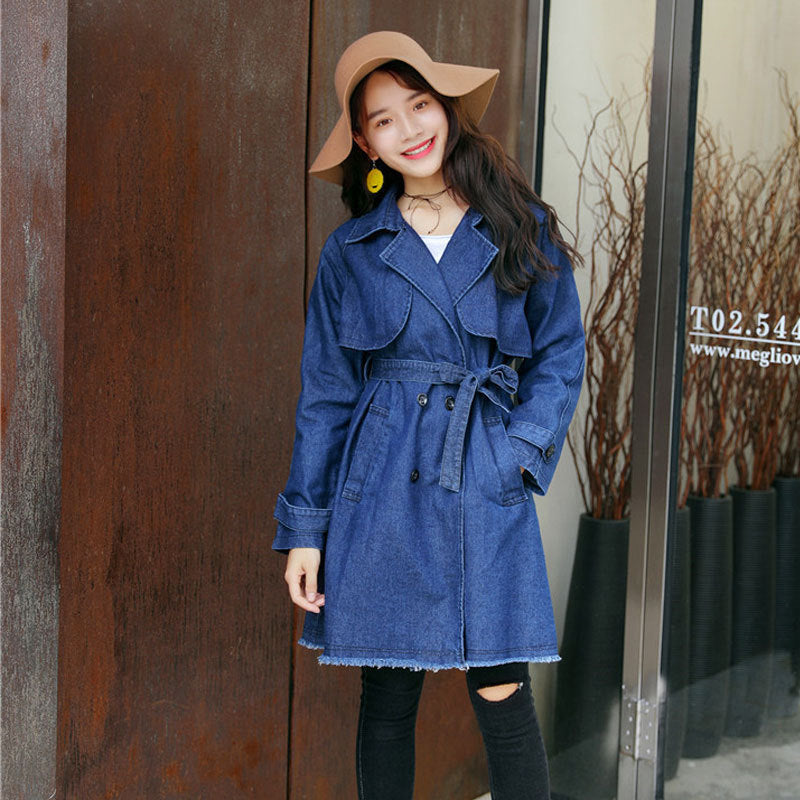 Casual windbreaker jacket women's long-sleeved mid-length denim belted skirt