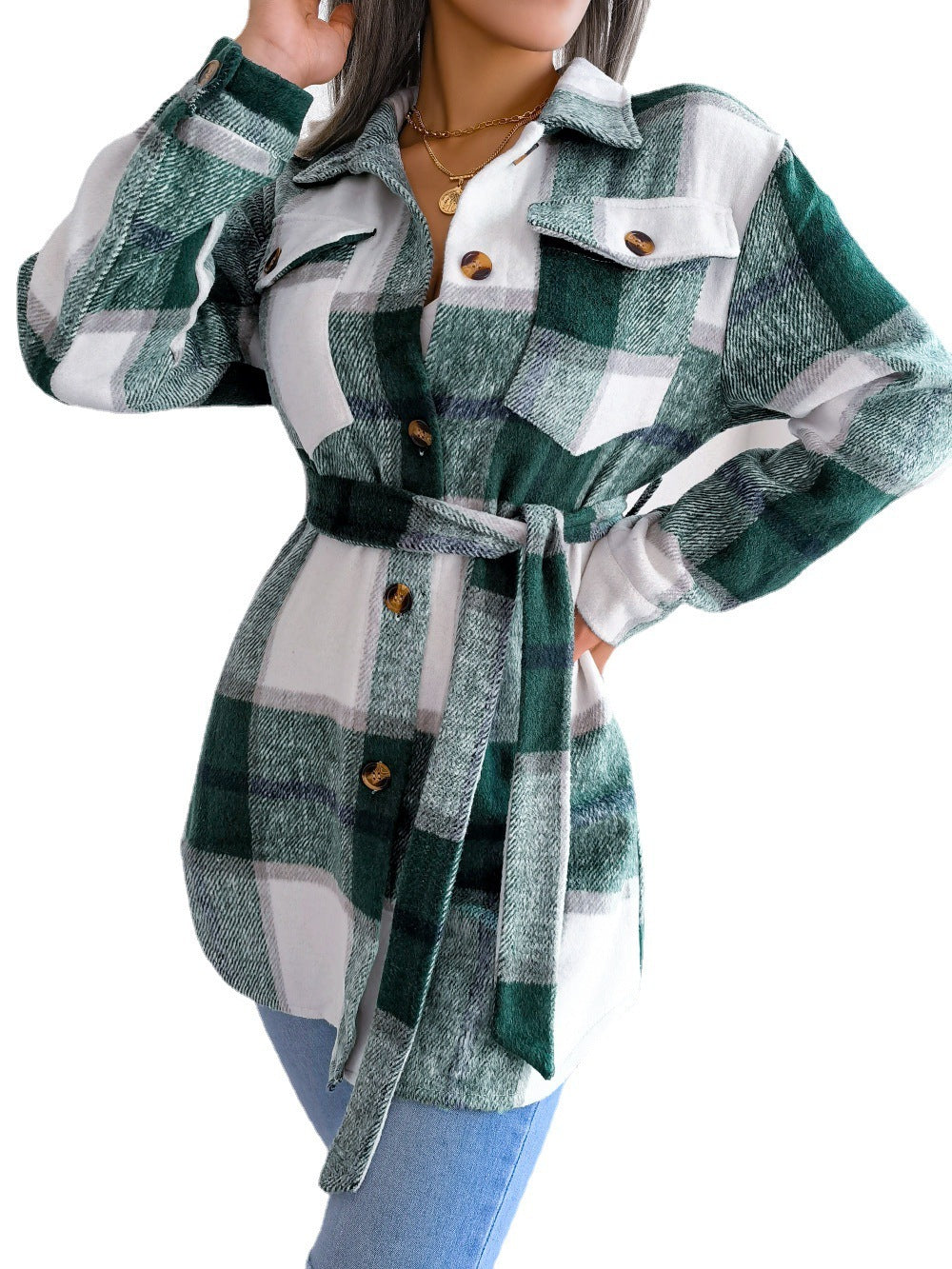 Color-contrast Check Long Sleeve Lace-up Thickened Woolen Coat