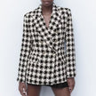 Lapel Long Sleeve Double Breasted Houndstooth Coat Top For Women