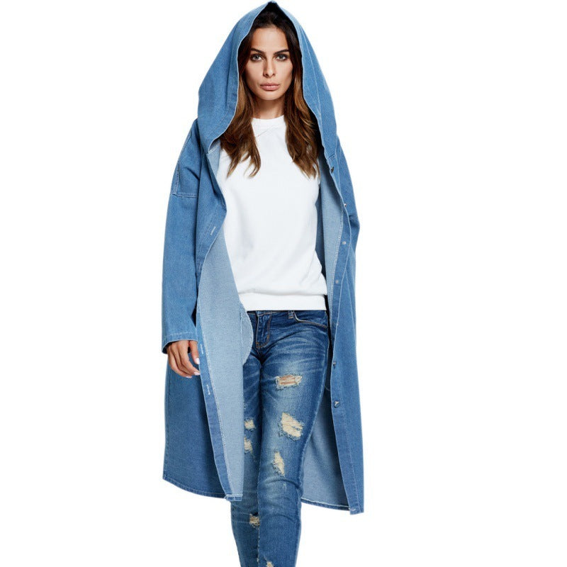 European And American Hooded Long Cardigan Denim Jacket Coat