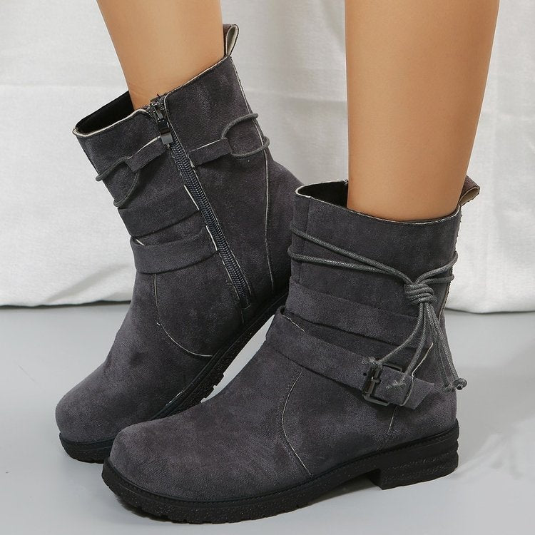 Buckle Square Heel Round Head Fashion Boots New Side Zipper Mid-calf