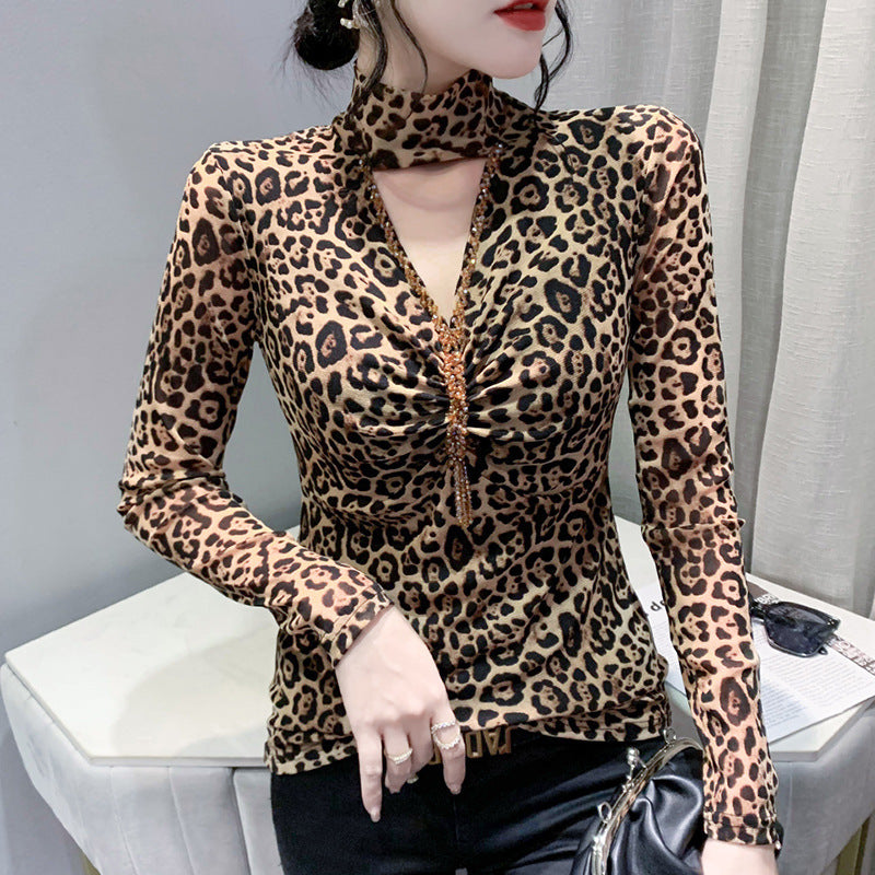 Half Turtleneck Bottoming Shirt Sexy Leopard Print Long Sleeve