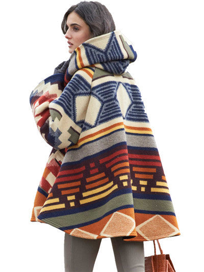 Long-sleeved hooded coat printed woolen