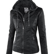 Women's Detachable Lapel Long Sleeve Solid Color Zipper Leather Jacket Coat