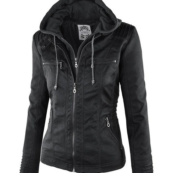 Women's Detachable Lapel Long Sleeve Solid Color Zipper Leather Jacket Coat