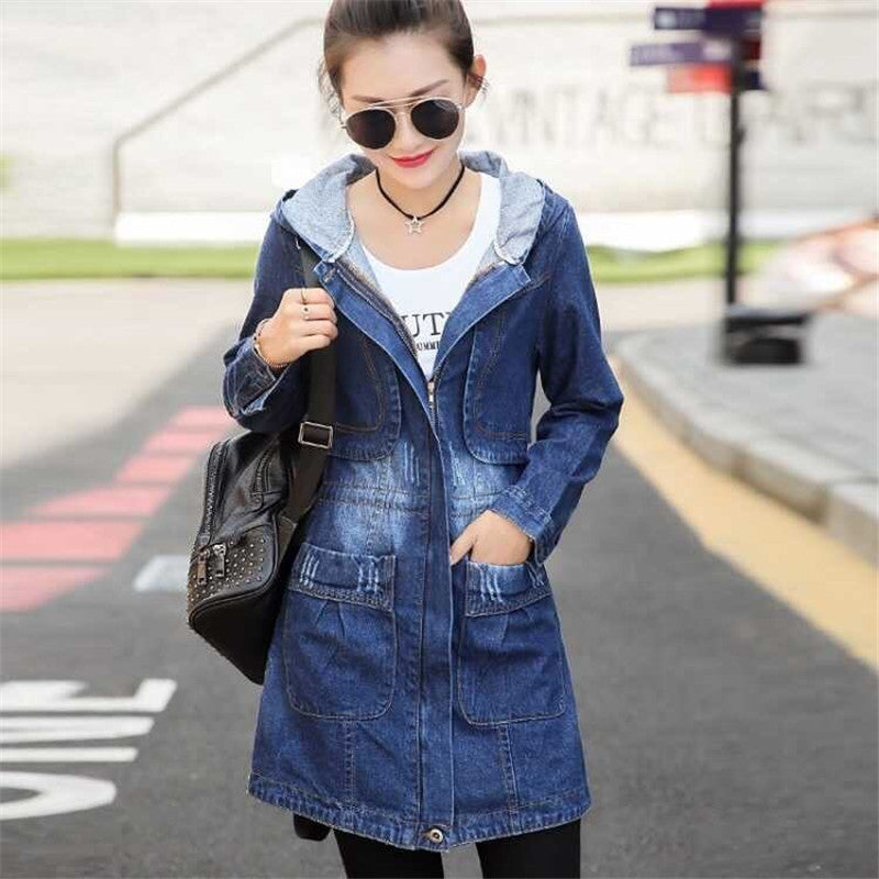 Women's Mid-length Long-sleeved Hooded Denim Jacket