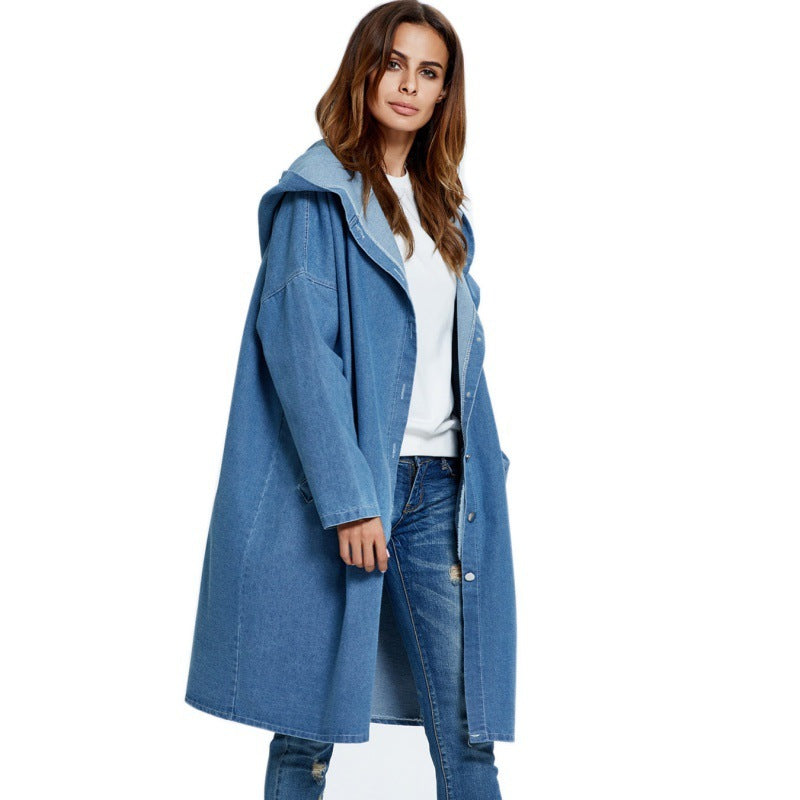 European And American Hooded Long Cardigan Denim Jacket Coat