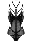 Mesh Faux Leather PU Hollow Halter One Piece Lingerie