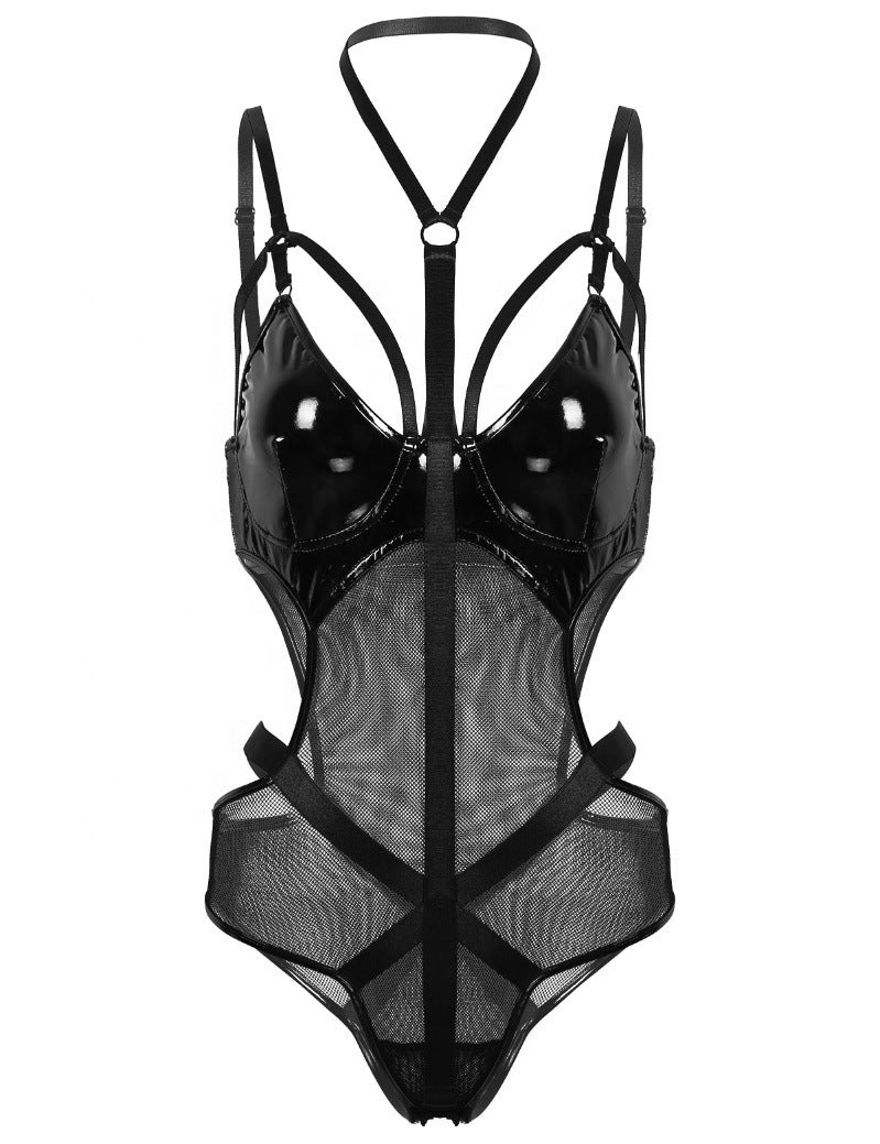 Mesh Faux Leather PU Hollow Halter One Piece Lingerie