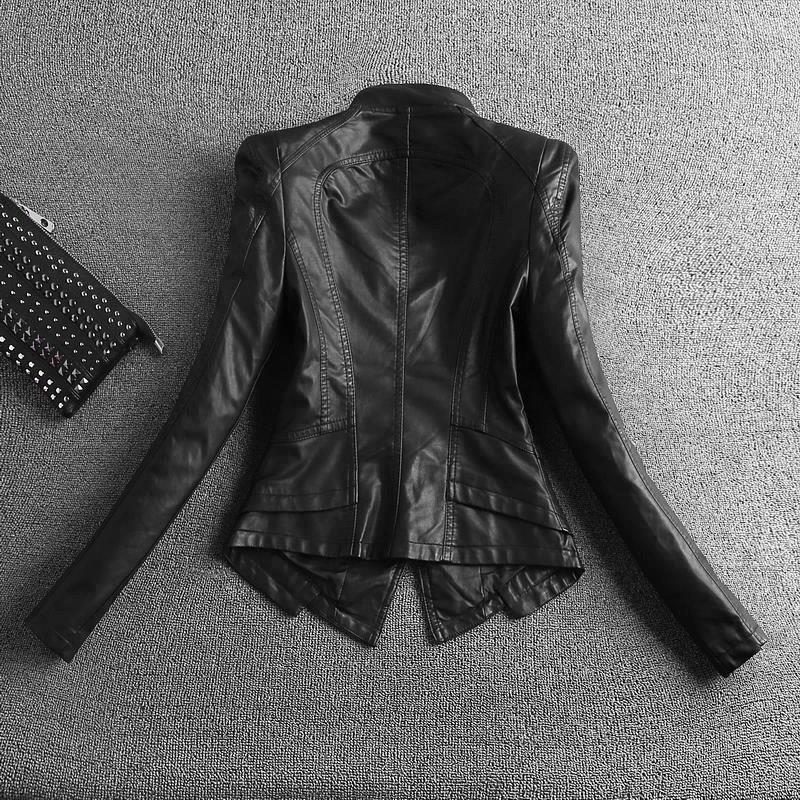 Skinny stand collar leather jacket