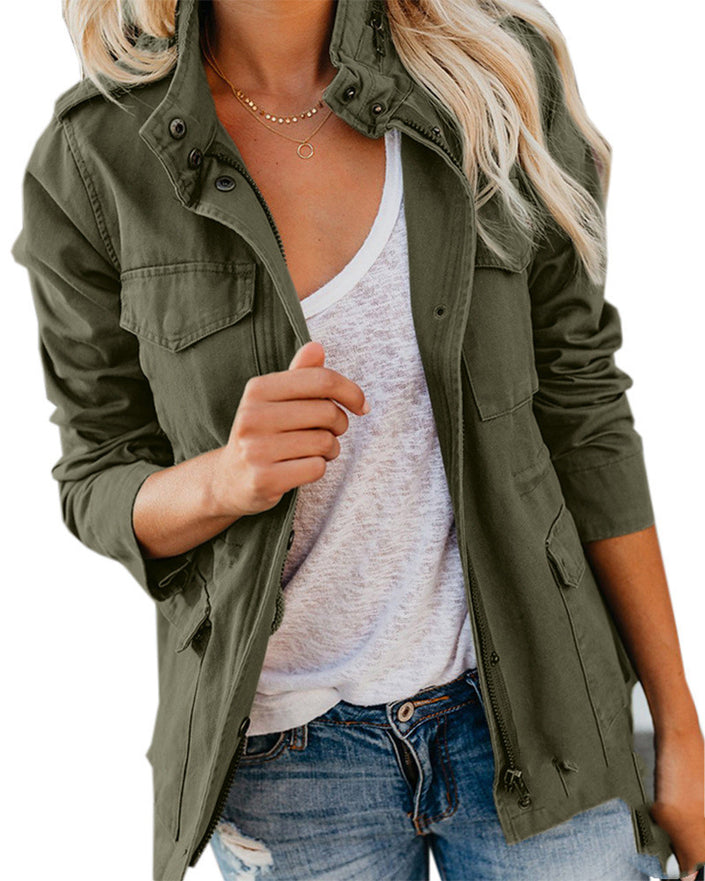 Fashion Ladies Solid Color Lapel Zipper Short Jacket Casual Pocket Button Decoration Top