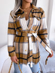 Color-contrast Check Long Sleeve Lace-up Thickened Woolen Coat