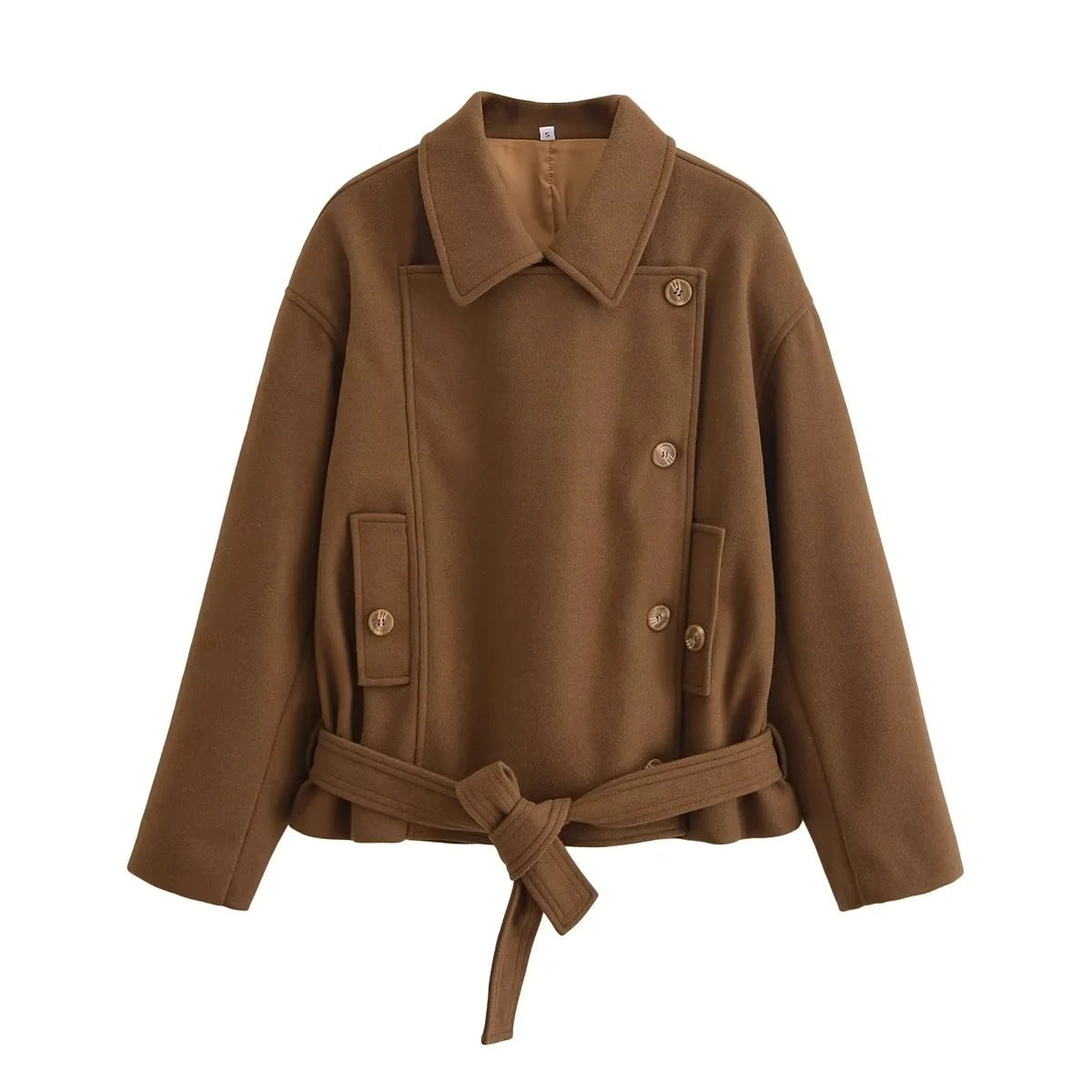 Retro Loose Casual Lapel Long Sleeve With Belt Woolen Jacket Coat